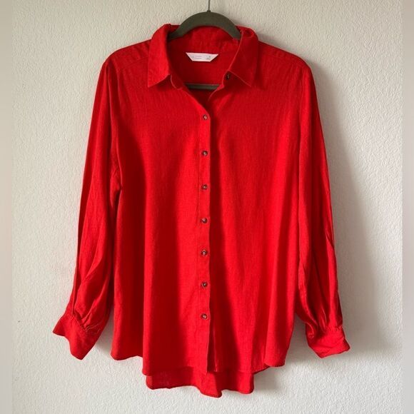 LC Lauren Conrad Linen Blend Button Front Blouse Sz M Red Balloon Sleeve Coastal - Picture 1 of 6